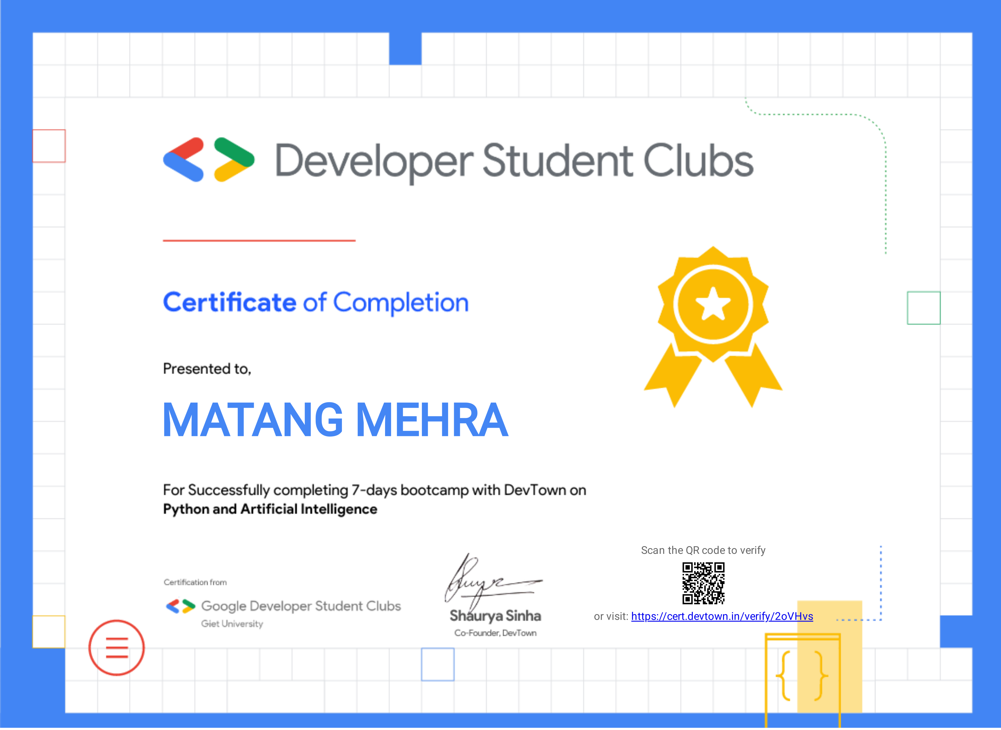 PythonAIML Certificate of completion