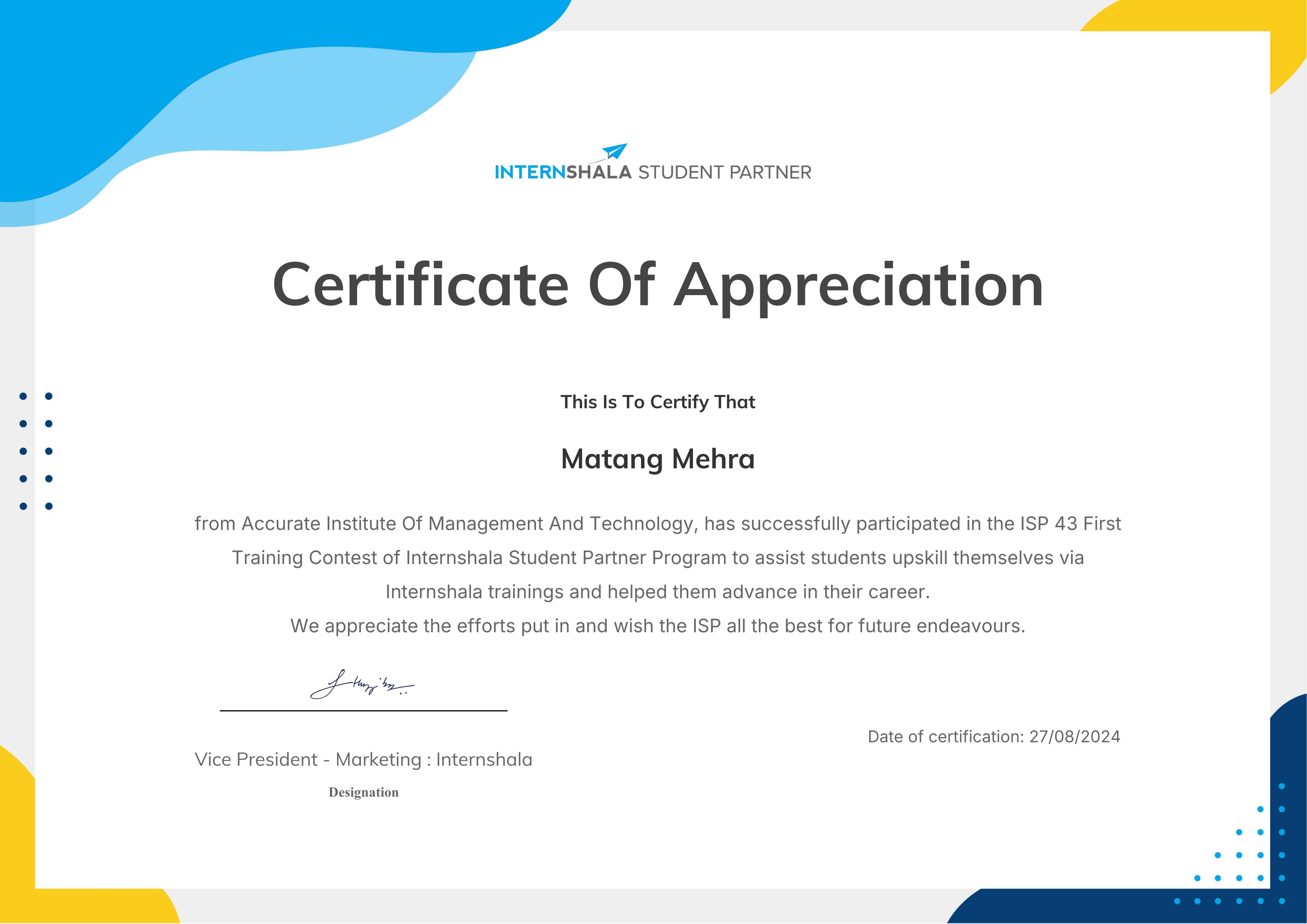 Certificate of appreciation from internshala for ISP Program